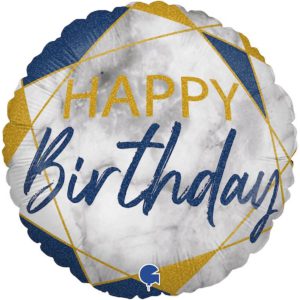 Шар фольгированный Круг Happy Birthday мрамор голубой