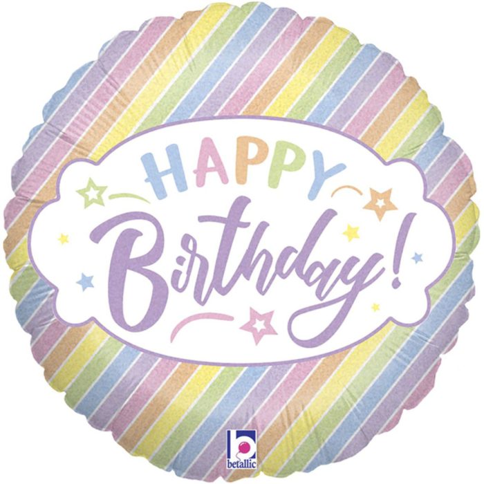 Шар фольгированный Круг Happy Birthday полоски разноцветные