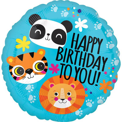 Шар фольгированный Круг Happy Birthday лев тигр панда