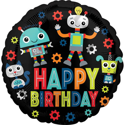 Шар фольгированный Круг Happy Birthday роботы